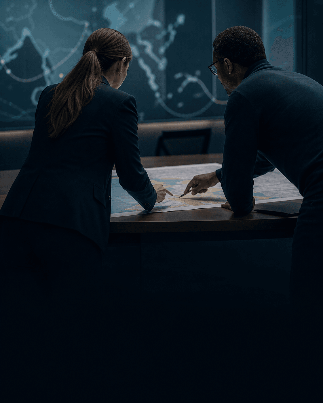 Professionals collaborating over a map in an operational coordination environment