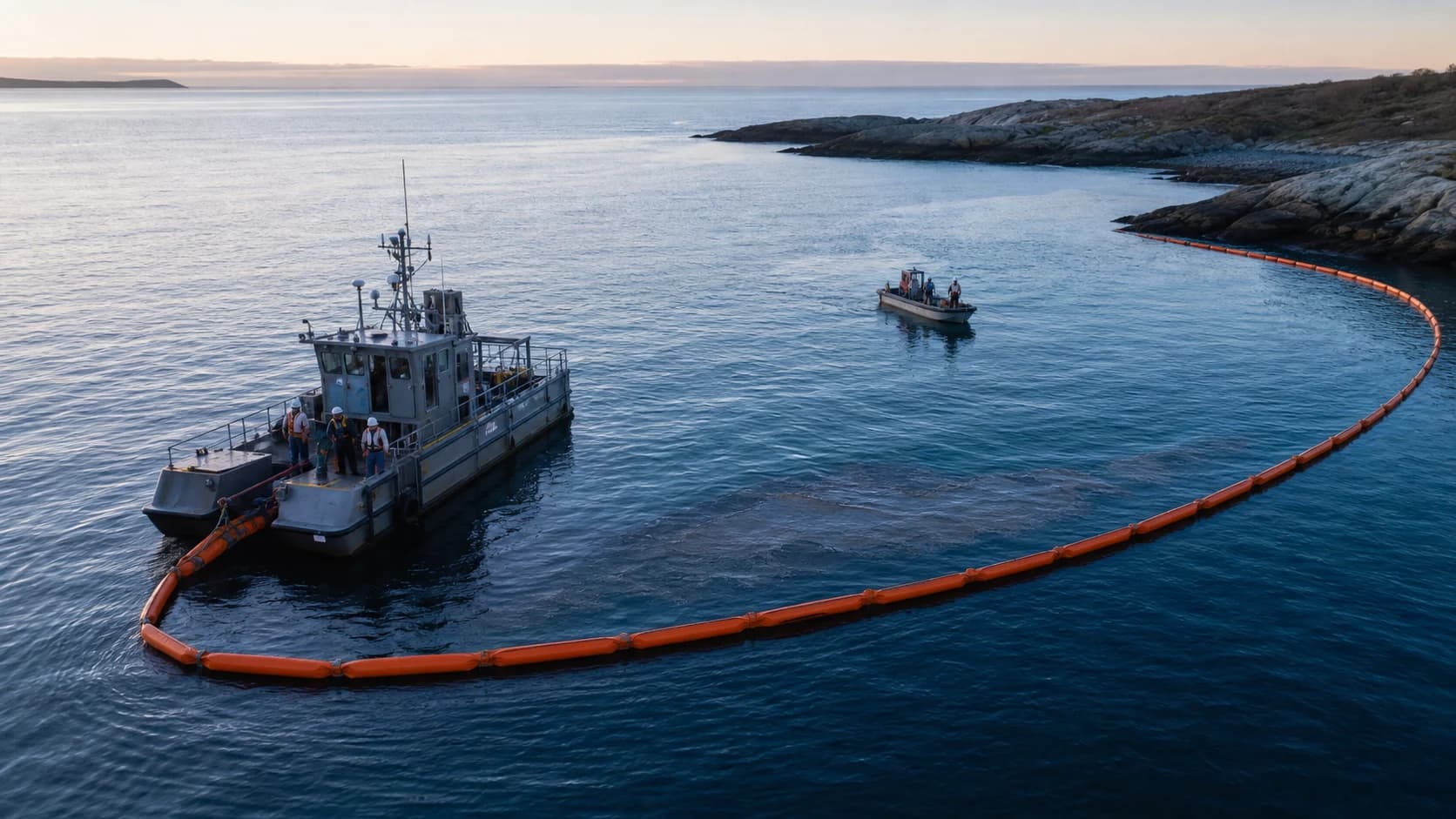 Embarcações de resposta ambiental posicionam uma barreira de contenção diante de uma mancha de óleo próxima à costa