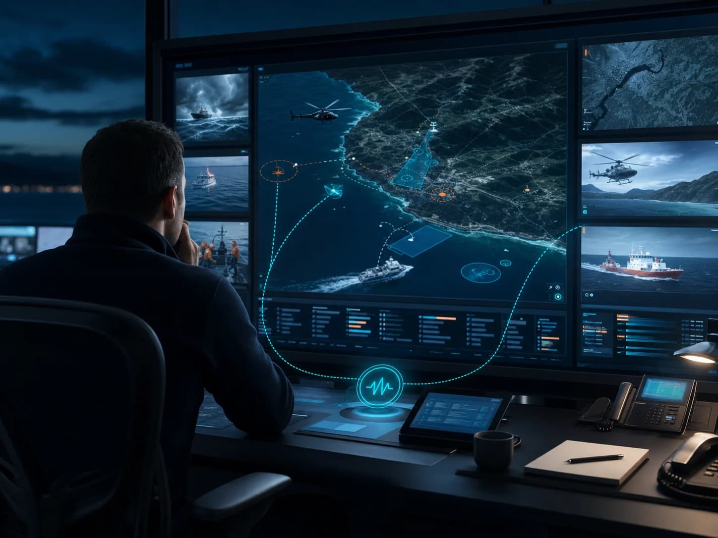 Coordenador SAR analisa um mapa operacional com uma camada visual de assessoria por inteligência artificial
